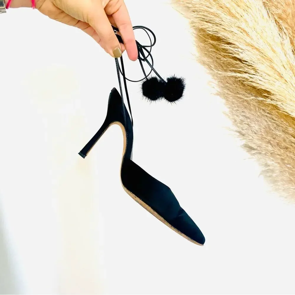 JIMMY CHOO Classic Black Pointy Toe Open Fur Pom Tie Wrap Heeled Mules Shoes 36